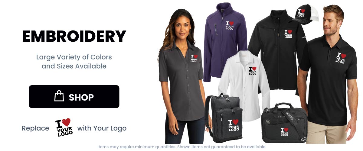 Embroidery - Custom apparel, uniforms, hats, and bags for your business. Embroidery options are shown with -I Love Your Logo- Logo on them. Large variety of colors and sizes available. From Uniforms to Corporate Office Wear, we love to customize apparel with your embroidered logo or design.