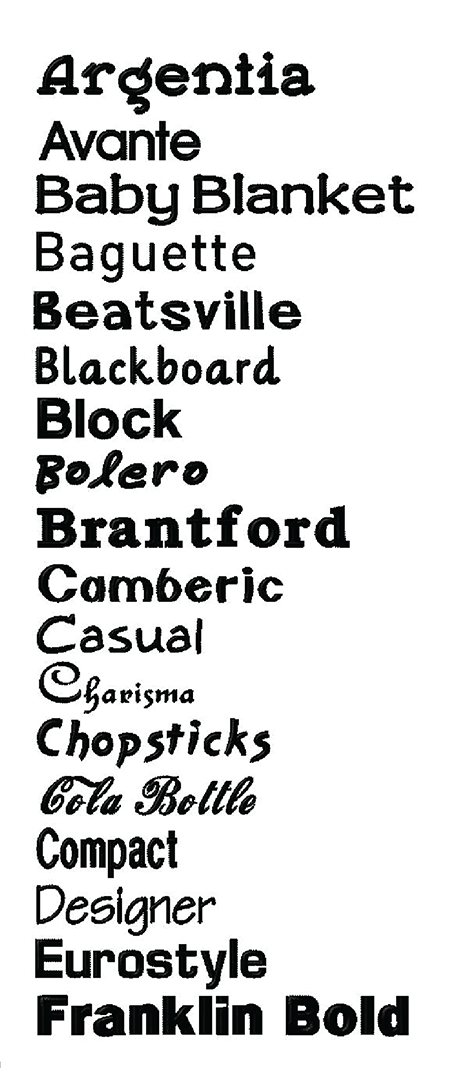 Embroidery font options: Argentia, Avante, Baby Blanket, Baguette, Beatsville, Blackboard, Block, Bolero, Brantford, Camberic, Casual, Charisma, Chopsticks, Cola Bottle, Compact, Designer, Eurostyle, Franklin Bold