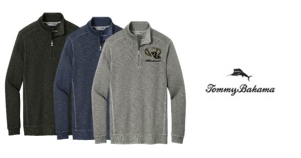 Image of Black, Nave and Gray Tommy Bahama 1/4 Zip. Bound to be the favorite in your closet. Fit for the marina and the boat.