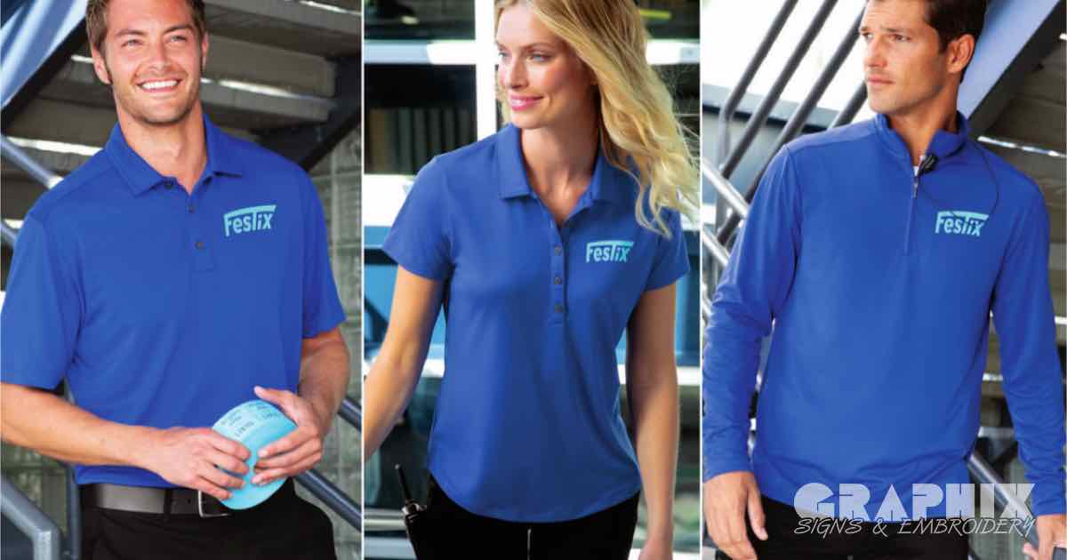 Graphix offers a variety of uniform options for men and women. Professional. Classy. Affordable. Showing Men's blue polo, Ladies Blue Polo, Adult 1/4 Zip to match with custom embroidery.