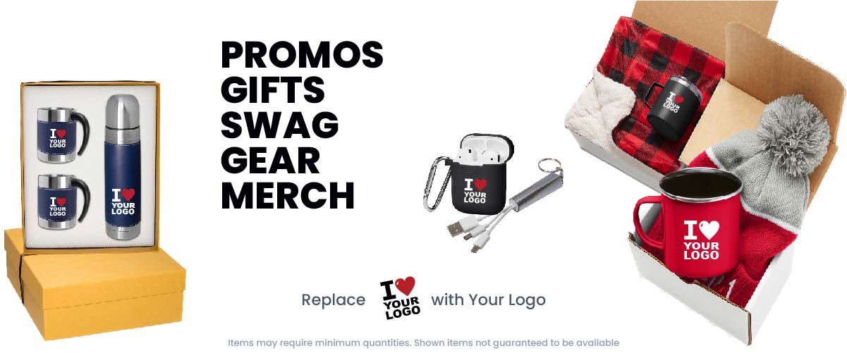 Maybe you're just starting a business, or you just want to get your name out there. We have unique ideas for you! Merch boxes shown with blanket mug combo, blanket hat combo, high end thermos with 2 mugs merch box, tech merch ideas showing earbuds, and charger adapter.  Promos. Givaways, Gifts, Sway, Gear, Merch. Get your name out there. Replace the 