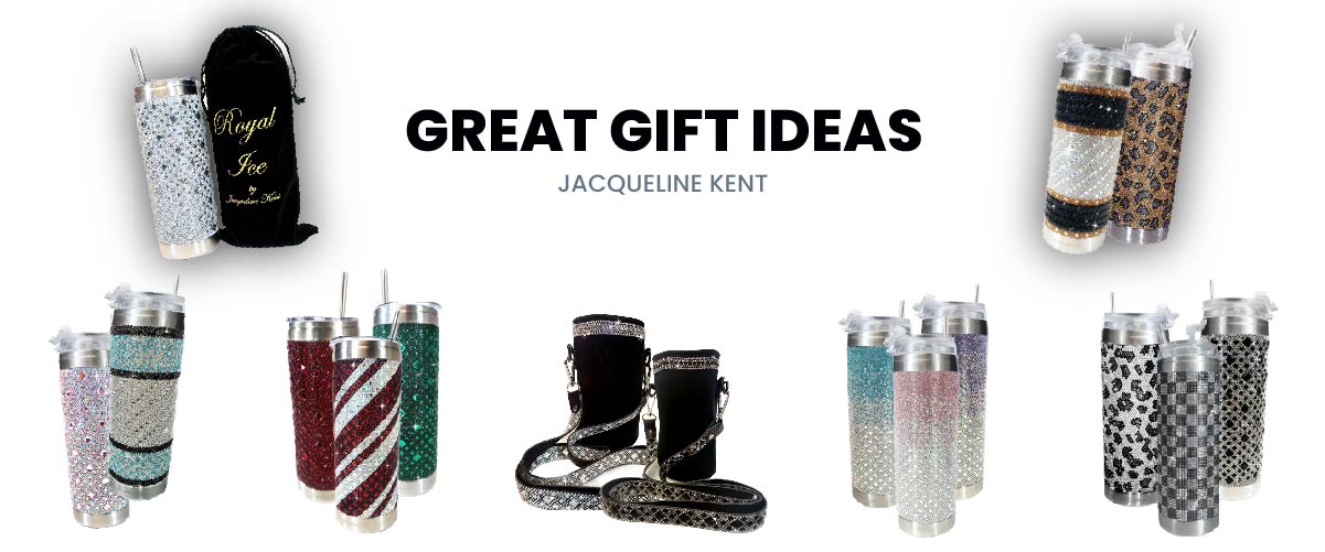 Jacqueline Kent - Royal Ice Bling Tumblers - Great Gift Ideas. Items shown are a large variety of sparkly mugs. Click to Visit the Merch Page.