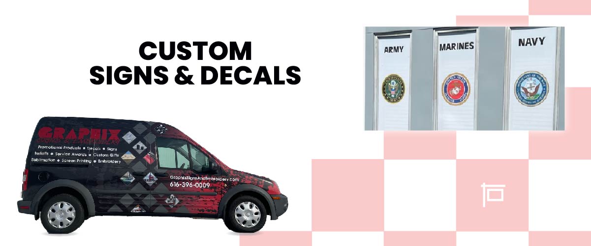 Custom Signs, Vehicle Lettering and Wraps, Custom Vinyl Decals. Image of custom wrapped Graphix Van, and image of window decals for the VFW that say Army, Marines, and Navy.
