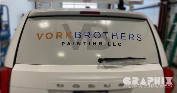 one-way visibility perforated vehicle window decal with Vork Brothers logo